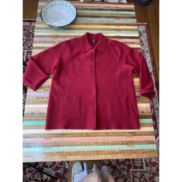 EILEEN FISHER 1X Woman 100% Wool Red Cardigan Sweater Coat Shaket Boiled Felted - Picture 11 of 16